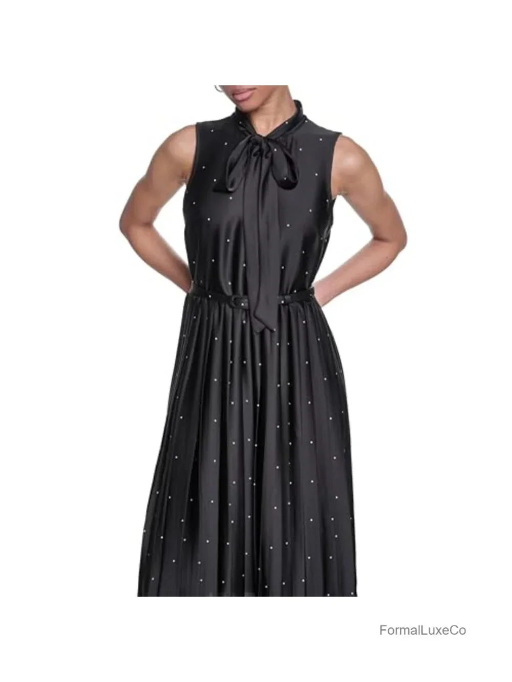 Sleeveless Tie Neck Matte Satin Pleated Midi Dress